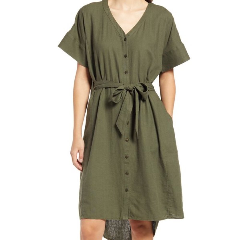 Linen Blend Shirtdress with Back Pleat Detail